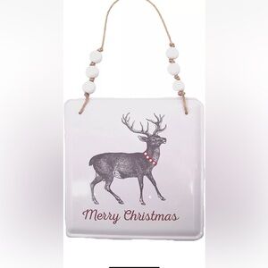 Set Of 2 Hanging "Merry Christmas" Square Metal Reindeer Signs With Wooden Beads